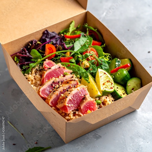 A brown cardboard box containing a colorful salad with mixed greens, vegetables, and seared tuna on a bed of rice