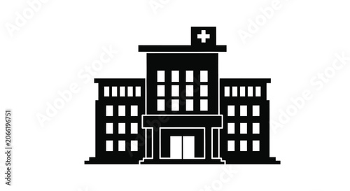 Hospital Silhouette Against White Background Modern Healthcare Facility Design