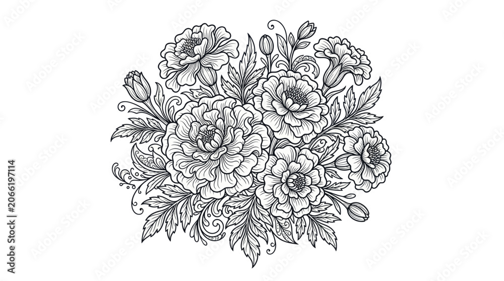 Fototapeta premium Elegant Floral Bouquet Sketch - Black and White Line Art Flowers