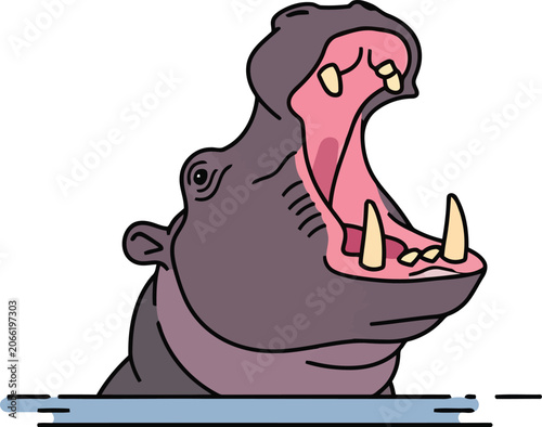 Tableau sur toile Cartoon Hippopotamus Yawning with Open Mouth Isolated on White Background in Cut