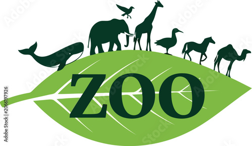 Photography Green zoo logo with animal silhouettes on leaf landscape, wildlife park emblem a