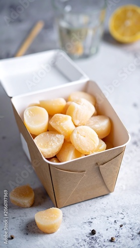 A brown cardboard box filled with round, yellow candies on a grey surface