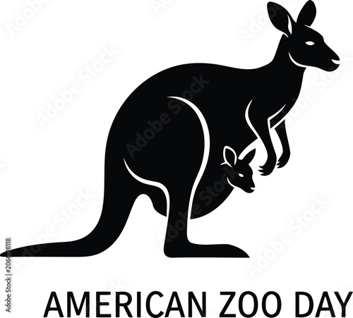 Valokuva American Zoo Day kangaroo silhouette with joey isolated on white for wildlife ce