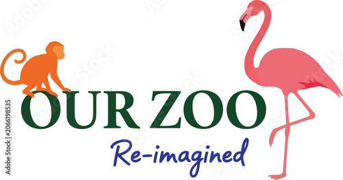 Photography Creative Zoo Logo with Monkey and Flamingo Illustration, Modern Reimagined Wildl