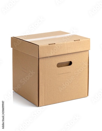A brown cardboard box with a handle on the front and sealed top