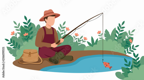 Canvas Print Man fishing by a pond, holding a rod with a caught fish, vector illustration