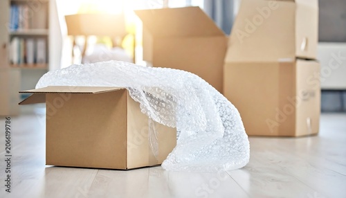 A brown cardboard box with bubble wrap on a wooden floor