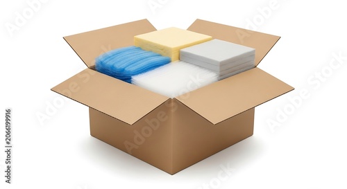 A brown cardboard box with its flaps open, containing various colored packages