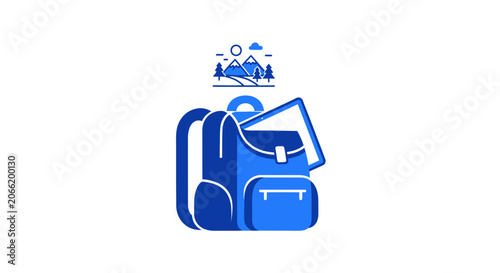 Blue backpack with mountains and sun, carrying a document or laptop, illustrating travel and flexible work, isolated white background
