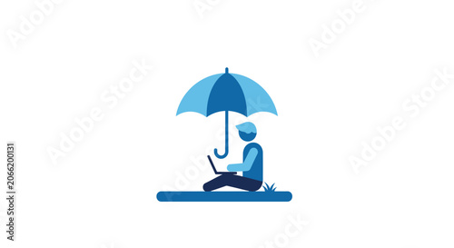 Person working on a laptop while seated outdoors under a protective blue umbrella, signifying flexible and comfortable remote work.