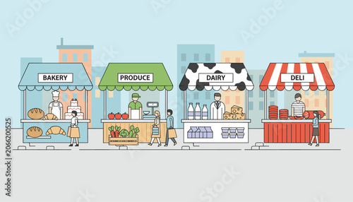 Outdoor local street food market with specialized stalls for bakery, produce, dairy, and deli items on city background.