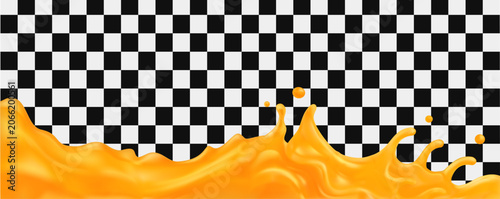 3D vector dynamic orange juice splash wave across bottom border Realistic 3D liquid flow with droplets Isolated on transparent background for beverage advertising