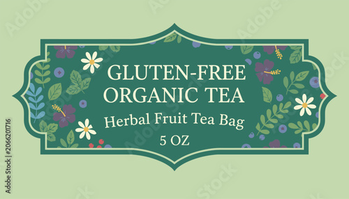 Vintage botanical frame design for organic gluten free herbal fruit tea packaging label on a light green background.