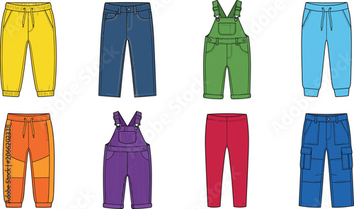 Fotografie Collection of kids pants and denim overalls vector technical sketches including