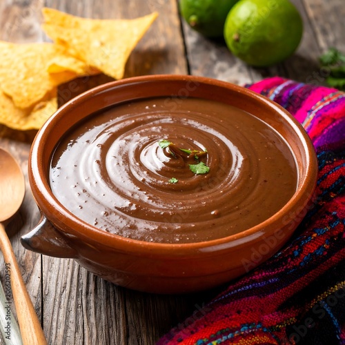 A brown ceramic bowl filled with a rich, dark brown dip, garnished with fresh herbs and accompanied by tortilla chips, limes on a vibrant cloth