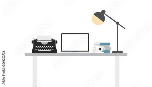 Organized work desk displaying a vintage typewriter alongside a modern laptop, books, coffee cup, and a lamp.