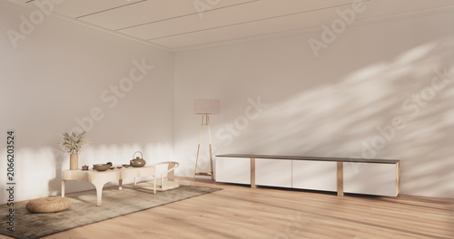Cabinet on modern living room japanese design on empty room with decoration ,lamp, plants .3D rendering