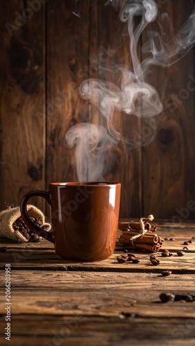 A brown ceramic mug with rising steam on a rustic wooden table
