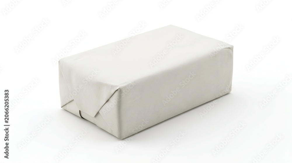 Fototapeta premium A clean, white-wrapped rectangular block of butter. Isolated on white, it signifies a fundamental culinary ingredient for food projects