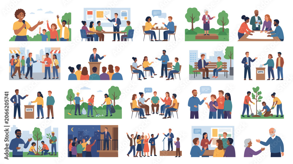 Fototapeta premium Flat Vector Illustration of Community Engagement, Civic Participation, Public Speaking, and Volunteering