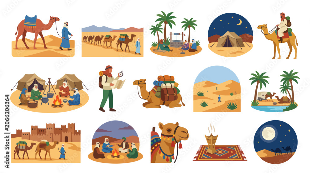 Fototapeta premium Desert Caravan Camel Bedouin Nomad Journey Travel Flat Illustration