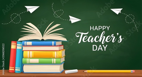 Stack of colorful books with paper airplanes on green chalkboard background for Happy Teachers Day celebration vector graphic art Teacher's Day