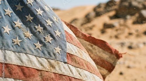 Grimy, tattered American flag waving in a dusty desert landscape.