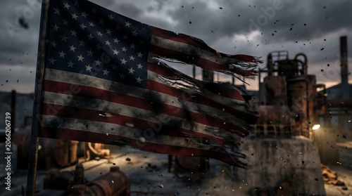 Tattered American flag waving in a ruined industrial zone under a dark storm sky