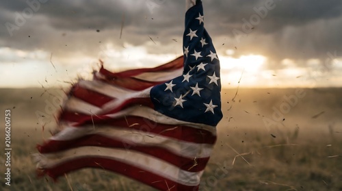 Worn American flag waving in a storm over a field at sunset