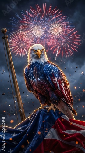 Bald Eagle with American flag design perched on a flag, vibrant fireworks light up the night sky, symbolizing patriotism.