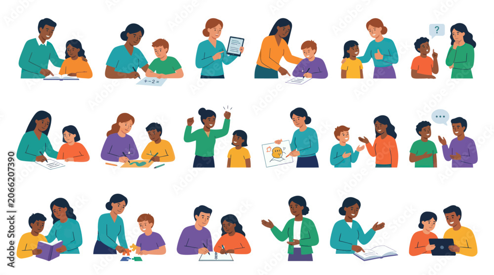 Fototapeta premium Flat Vector Illustration Set: Diverse Adults Teaching Children in Various Education Learning Scenarios