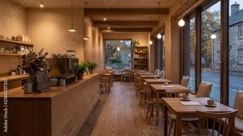 Modern Minimalist Café Interior with Warm Wooden Textures and Soft Natural Lighting
