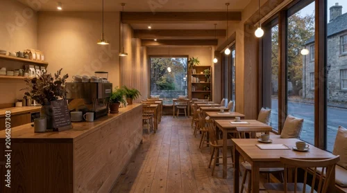 Fototapeta na wymiar Modern Minimalist Café Interior with Warm Wooden Textures and Soft Natural Lighting