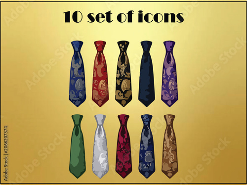Set of 10 Mens Necktie Icons with Paisley Floral Patterns for Business Fashion Accessory Vector