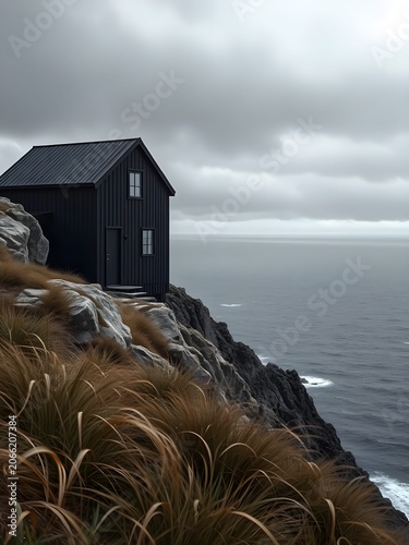 scandinavian holiday house on rocky cliff overlooking stormy ocean
