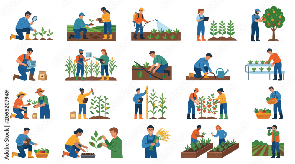 Fototapeta premium Flat Illustration of Farmers Working in Agricultural Fields and Gardens