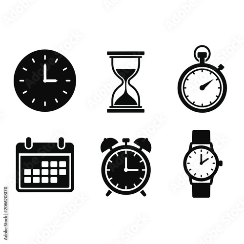 Time Management Icons Set: Clocks, Watches, and Calendar in Modern Design