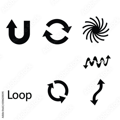 Black Arrows and Loop Icons on White Background for Infographics and Design