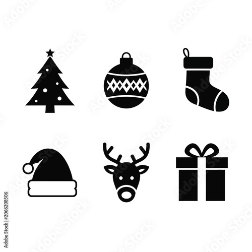 Black Christmas icons set on white background, festive elements collection