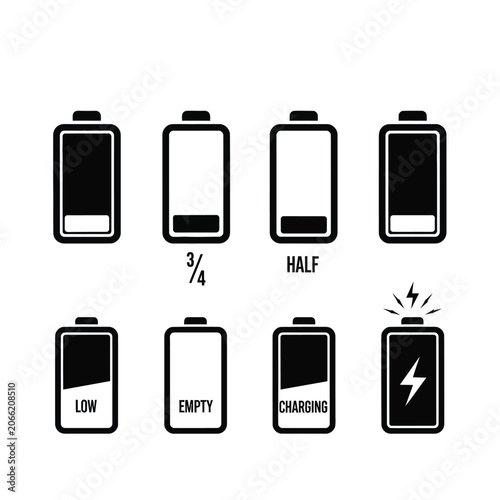 Battery Levels Icons Set Showing Different Charge States and Charging Status