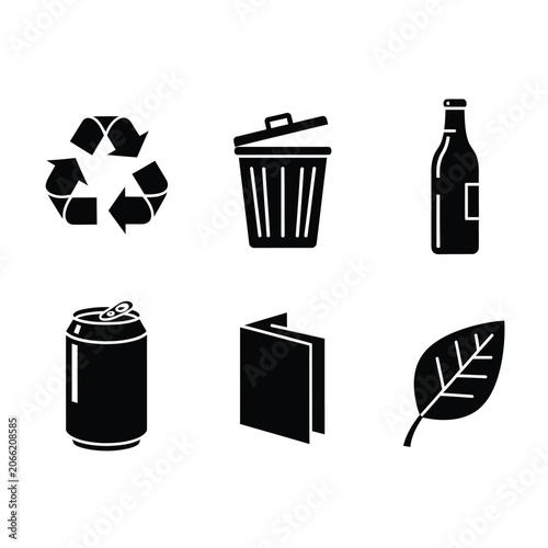 Black icons for recycling, waste, drink, and eco-friendly concepts on white background