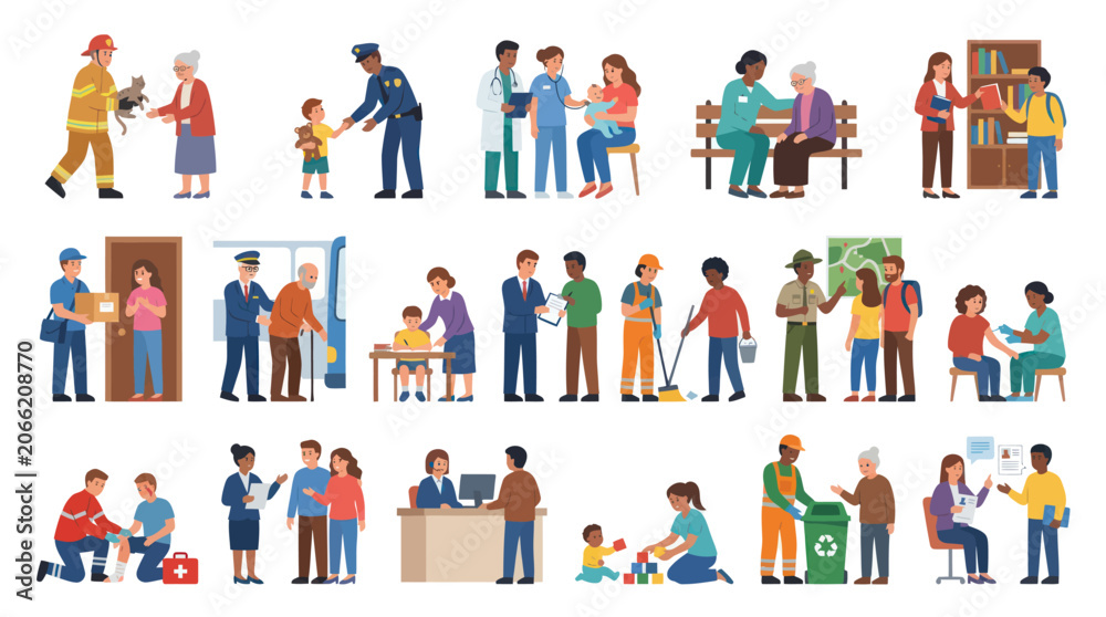 Fototapeta premium Flat Design Vector Illustration of Diverse People in Various Professions