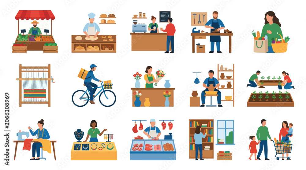 Naklejka premium Flat Style Illustration of Diverse Small Businesses and Occupations