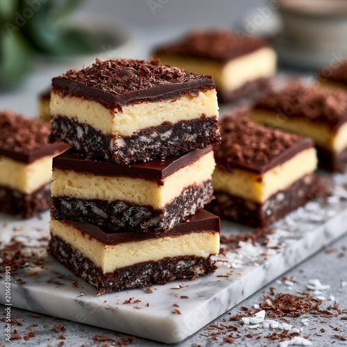 nanaimo Bars, the famous Canadian no-bake dessert. Perfectly cut square bars displaying three distinct layers: a rich chocolate, coconut and biscuit base, a thick creamy vanilla custard center,a gloss