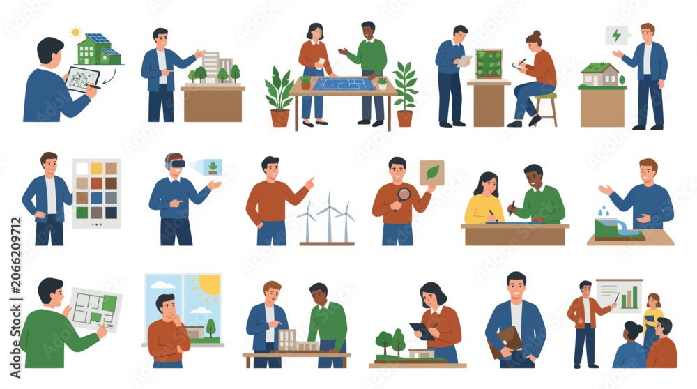 Fototapeta premium Flat Design People Discussing Green Energy Solutions and Architecture