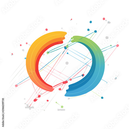 Abstract circular data flow illustration with colorful arcs and