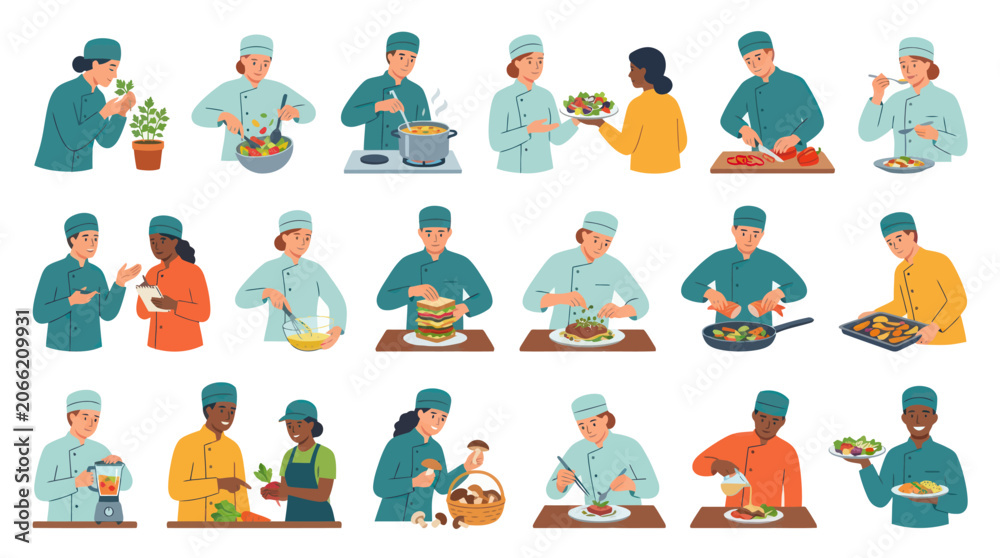 Fototapeta premium Culinary Industry: Professional Chefs and Cooks Preparing Food - Flat Vector Illustration Set