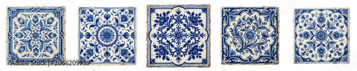 Cuadro en lienzo A collection of five high-quality PNG images featuring ornate, vintage blue and white Portuguese azulejo ceramic tiles with intricate floral and geometric patterns