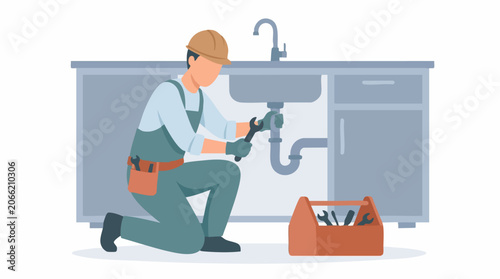 Professional plumber fixing a kitchen sink pipe with a wrench, flat vector illustration