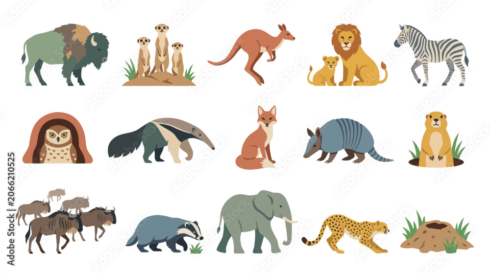 Fototapeta premium Diverse Wild Animals Flat Design Vector Illustration Collection for Wildlife and Education